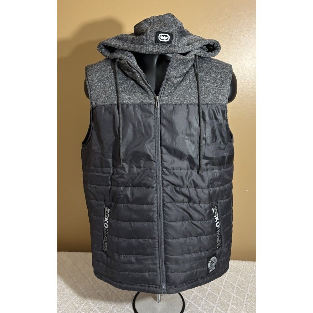Vintage Y2K Ecko Black Rhino Logo 3/4 Puffer Hooded Vest Zipped Pockets Size M
